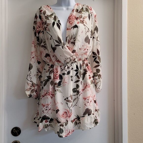 J for justify floral v neck faux wrap top, cinch waist, flowy skirt - Picture 1 of 5